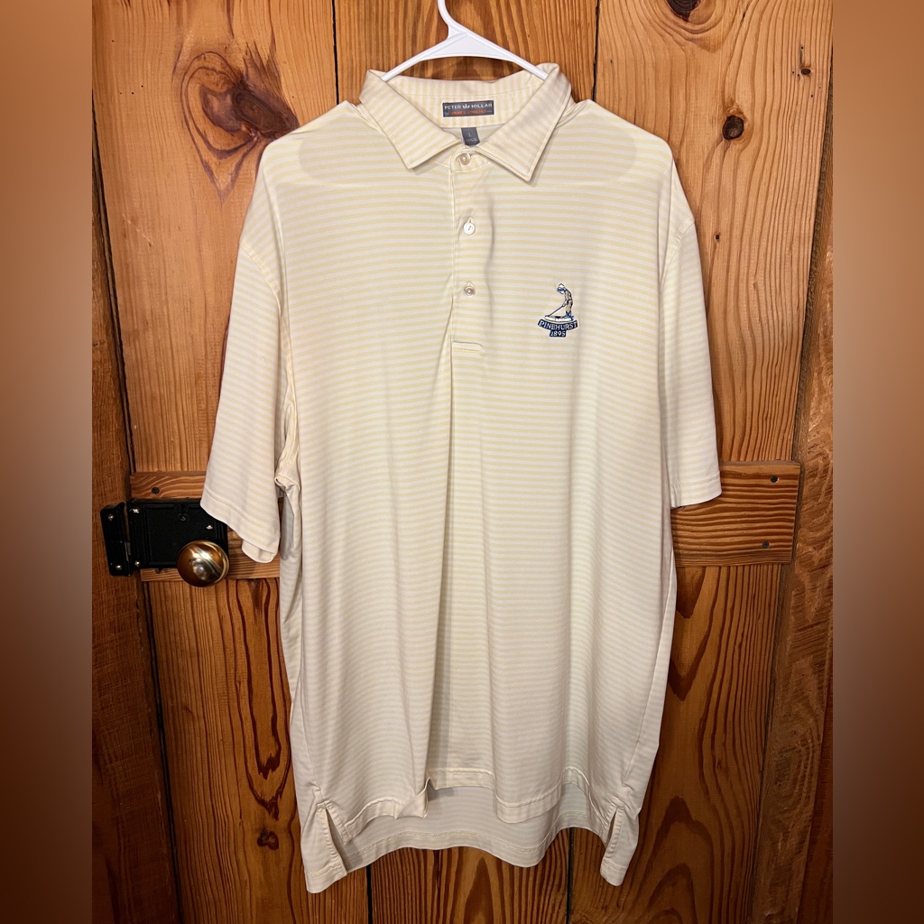 Peter Millar Men’s Yellow Striped Polo, Pinehurst 1895 Logo, Large.
